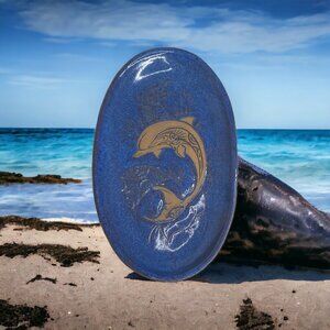 Artist Signed Dolphin Porpoise Blue Pottery Oval Plate Trinket Dish 5 x 8.5